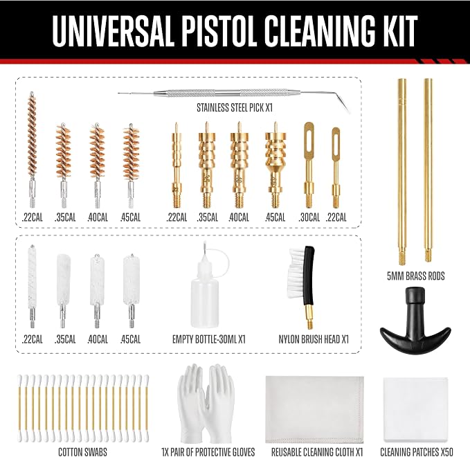 GLORYFIRE Universal Gun Cleaning Kit Fits .22 .357/9mm .38 .40 .45 Cal Handguns & Pistols Compact Carrying Case for Portability Multiple Styles with Brass or Plastic Jags & Tips for Shooting and Range