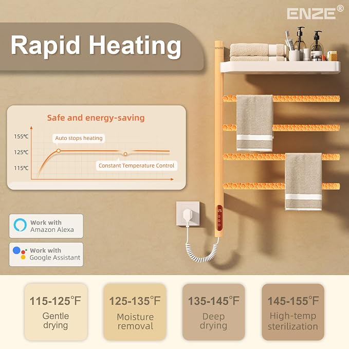 ENZE Smart Rotating Heated Towel Rack for Bathroom, 4-Bar Wall-Mounted Electric Towel Warmer with Swivel Shelf, Wi-Fi App Control, 24H Timer, Stainless Steel, IPX5, Hardwired/Plug-in, White