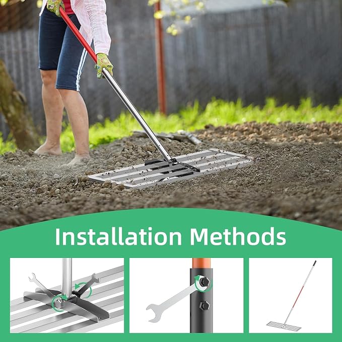 30" x 10" Lawn Leveling Rake with 6.5FT Extra Long Handle, Heavy Duty Stainless Steel Leveling Rake 30 inch for Spreading Topsoil, Sand & Compost, Professional Yard Leveler, Silver