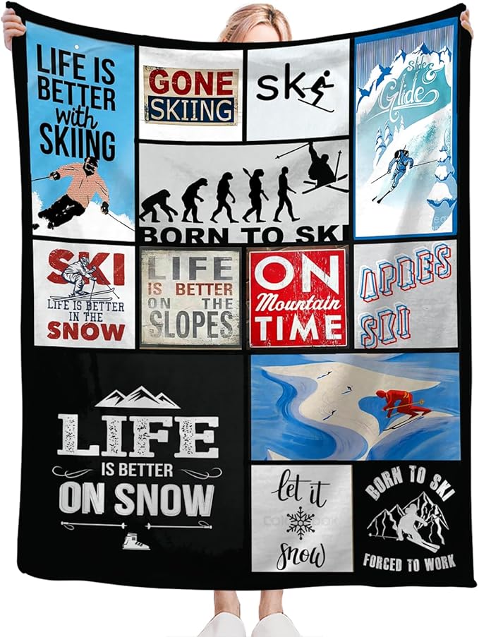 Tijuboni Ski Throw Blanket Skiing Gifts for Girls Boys Women Men Kids Adults Soft Flannel Fleece Blanket for Couch Sofa Bed Home Decor 60"x80"