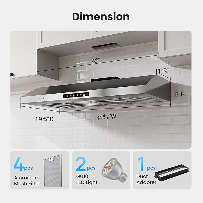 VIKIO HOME 42 Inch Under Cabinet Range Hood 900 CFM, Dual Motor Powerful Kitchen Vent Hood, Gesture & Touch Control, Ultra Quiet DC Motor, Dishwasher-Safe Filters, LED Lights, Stainless Steel