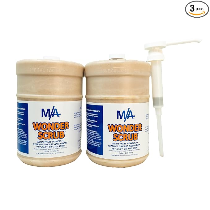 M/A Wonder Scrub - Industrial Strength Mechanic Hand Cleaner - All Natural Walnut Shell Soap - Tough on Grease and Dirt (Gallon 2 Pack & Pump)