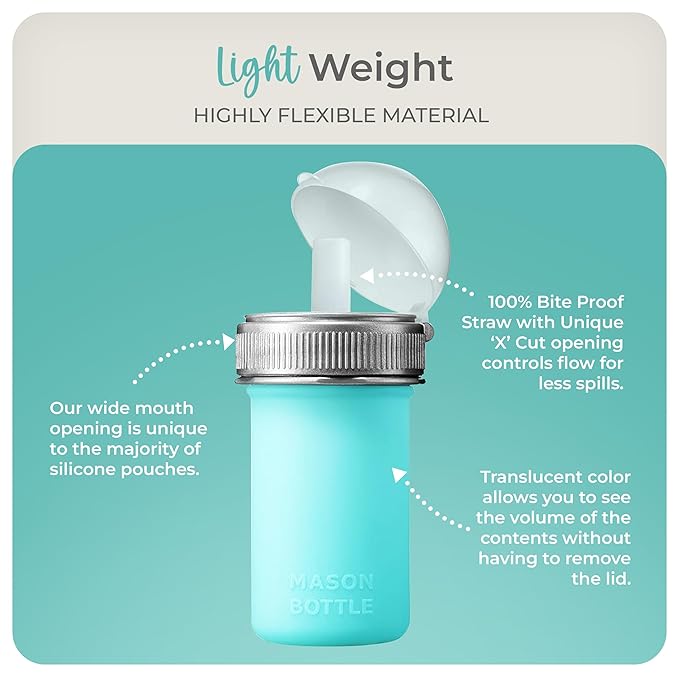 Mason Bottle 8oz Silicone Squeeze Pouch with Straw – Reusable Baby Food and Snack Pouch for Toddlers – Soft Food and Liquid Bottle - BPA & BPS-Free, Non-Toxic, Made in USA (Teal)