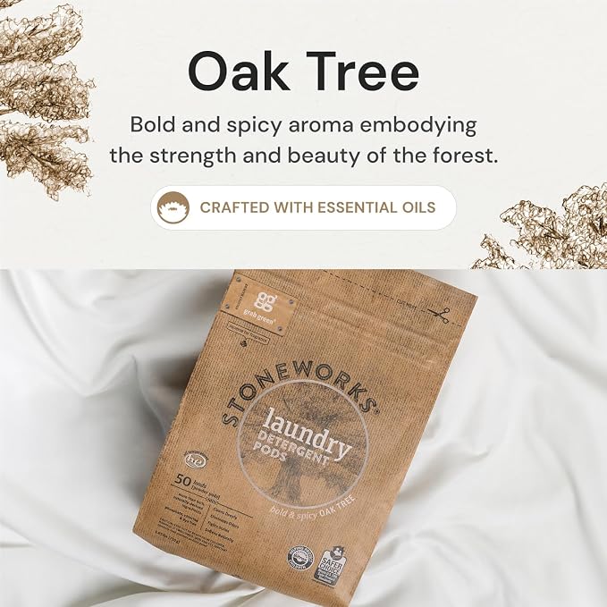 Grab Green Stoneworks Laundry Detergent Pods, 100 Count, Oak Tree | EPA Safer Choice; Plant & Mineral-Based; Fights stains; Eliminates odors; Softens naturally; No Harsh Chemicals