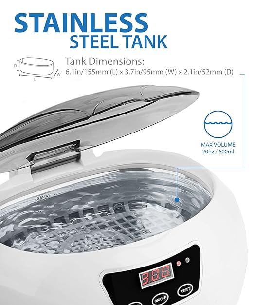 Fosmon 600ML 42kHz Ultrasonic Cleaner Polisher with Digital Timer for Dentures, Retainer Cleaner, Mouth Guard, Jewelry Dental (Professional Machine, Stainless Steel Tank, 18 Preset Cycle)