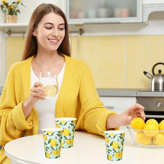 50 Sets Lemon Paper Cups with Paper Straws Plastic Lids 12OZ Yellow Lemon Green Leaves Disposable Coffee Tea Cups for Summer Holiday Fruit Party Juice Drink Beverage Bar Supplies
