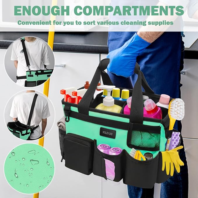 Wearable Cleaning Caddy Bag,Cleaning Supply Tote for Cleaning Supplies, Cleaning Organizer with Adjustable Shoulder and Waist Straps for Cleaners Housekeepers (Lake Green and Black, Large)