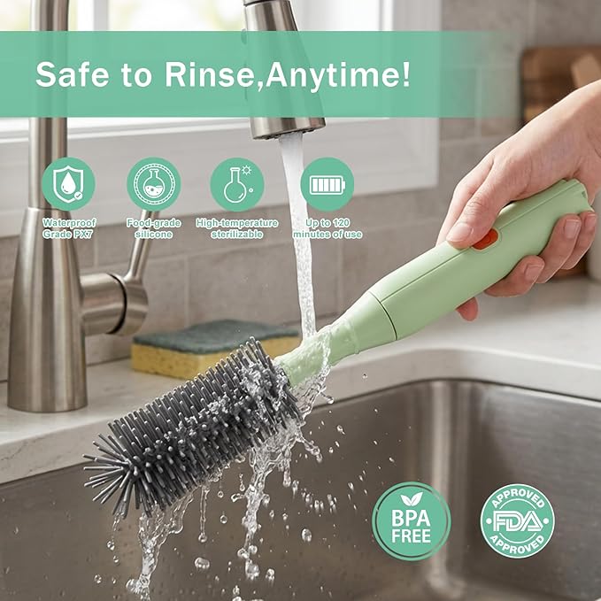 Electric Bottle Brush Cleaner Set, USB Rechargeable 360° Spin Baby Bottle Cleaner with 2 Brush Heads & Straw Brush, Waterproof, High/Low Speed, Portable Travel Cleaning Kit, Green