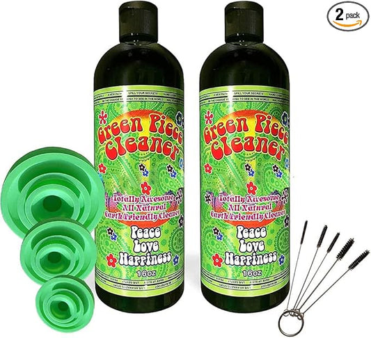 Green Piece® Glass Cleaner (Made in USA) - 2 of the 16 oz bottles with a Set of 3 Silicone Plugs and a 5 Piece Mini Metal Nylon Brush