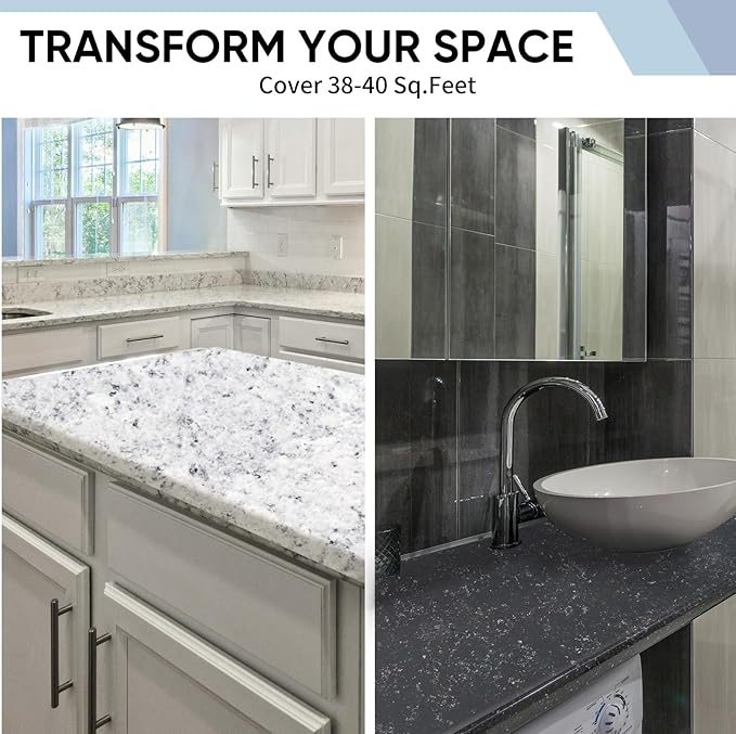 Epoxy Countertop Paint Refinishing Kit for Kitchen Bathroom Glossy Coating for Marble Granite Laminate Ceramic Tile, Cover 40 sq.ft, Granite White