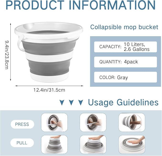 Pickmesh 4 Pcs Collapsible Bucket 2.6 Gallon (10l) Foldable Collapsible Sand Bucket with Handle Small Cleaning Pail for Household Outdoor Car Washing Camping Beach Sand (Gray)