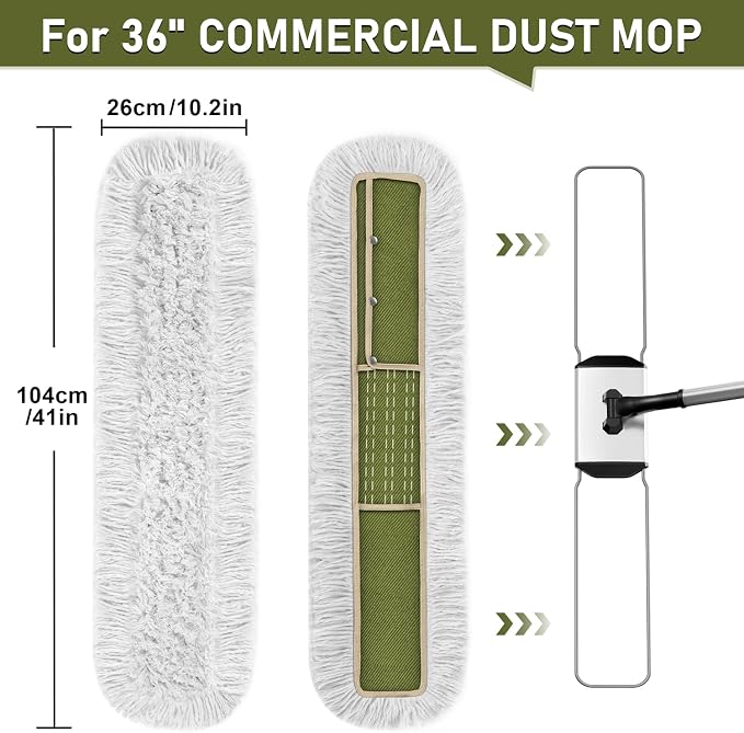 36" Commercial Dust Mop Replacement Heads: Reusable Washable Heavy-Duty Cotton Pads Refills for Janitors Industrial Gym Warehouse Floor Cleaning, Fits 36" Dust Mop