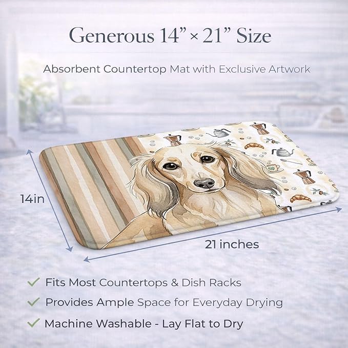 Caroline's Treasures Longhaired Cream Dachshund Coffee Bar Dish Drying Mat Absorbent Dish Drying Mat Pad for Kitchen Counter Dish Drainer Mat for Countertop, 14 x 21", Multicolor