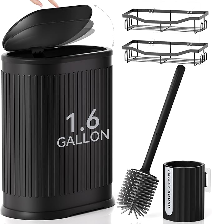 Small Bathroom Trash Can with Toilet Brush, 1.6 Gallon Black Stainless Steel Garbage Can with Lid,Slim Wastebasket with Shower Caddy for Bathroom Bedroom