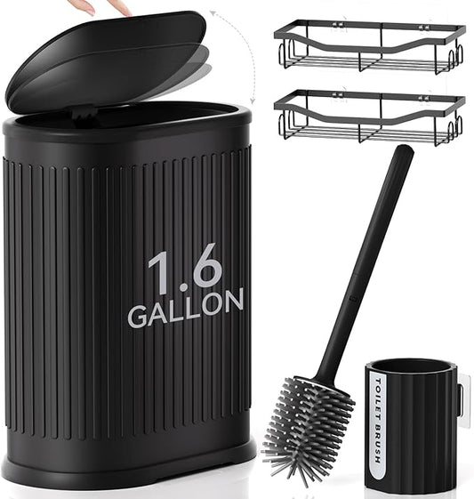 Small Bathroom Trash Can with Toilet Brush, 1.6 Gallon Black Stainless Steel Garbage Can with Lid,Slim Wastebasket with Shower Caddy for Bathroom Bedroom