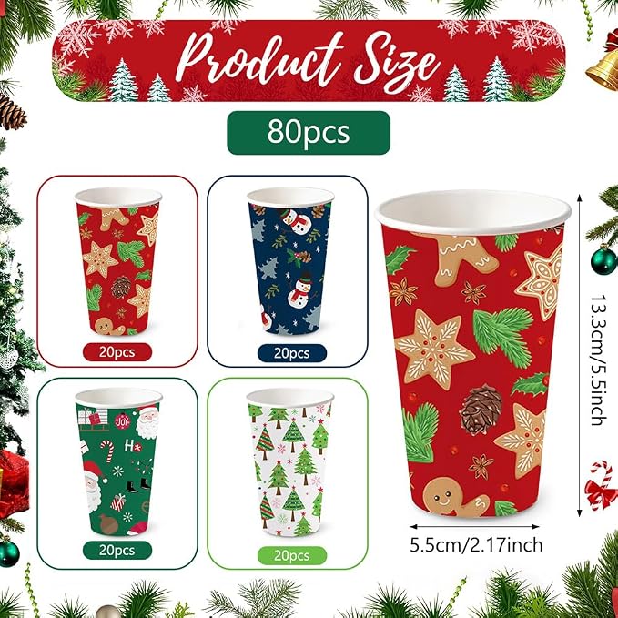 AIBIIN 80 PCS Christmas Disposable Paper Cups 12 oz Christmas Coffee Cups Hot Chocolate Cups Snowman Santa Gingerbread Xmas Party Cup Holiday Table Party Supplies Decorations
