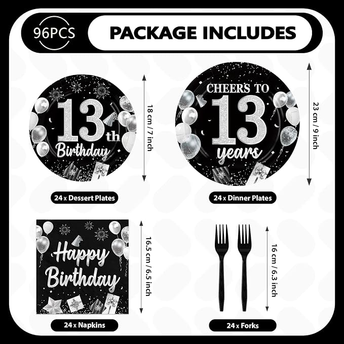 96Pcs 13th Black and Silver Birthday Party Supplies Cheers to 13 Years Plates and Napkins Disposable Happy 13th Birthday Tableware Set for 13 Years Old Graduation Party Serves 24