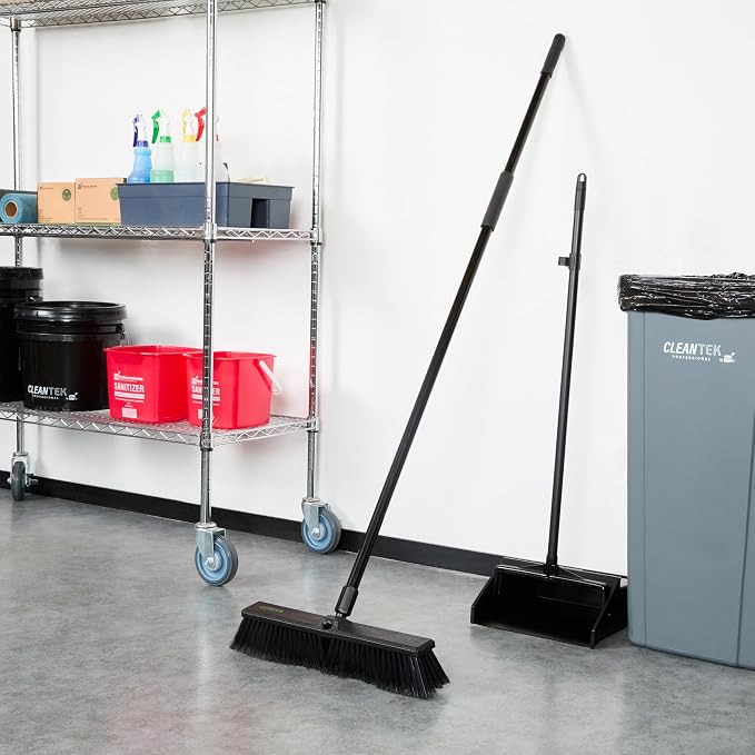 Restaurantware-Clean Tek Professional 17.13 Inch Push Broom, 1 Heavy-Duty Broom with 59” Handle - Fine Bristles, 2 Handle Attachment, Wooden, Commercial Use, for Deck, Garage, Yard, Patio