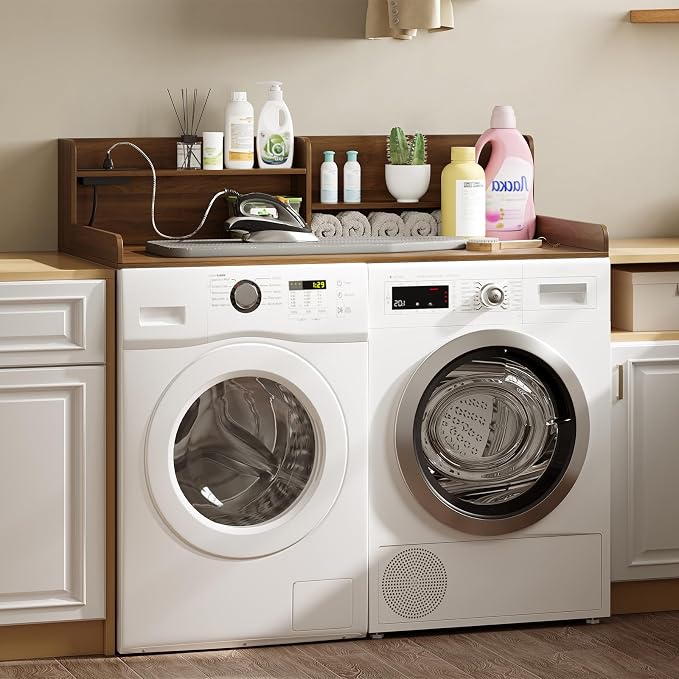 Washer Dryer Countertop with 2 Adjustable Shelves and Charging Station, 53.94" x 27.56" Laundry Countertop for Washer and Dryer, Laundry Room Storage Organizer, Walnut