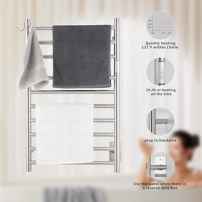 Wall Mounted Towel Warmer 10 Bars with Plug-in and Hardwired Options 3 Working Modes Brushed Stainless Steel 21” W 34” H