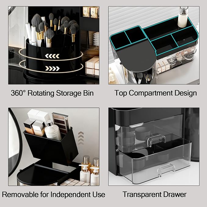 Makeup Storage Box Mesh, Makeup Organizer For Vanity, Cosmetic Display Cases With Transparent Cover, Drawers, Dustproof, Portable Handle, For Vanity, Dresser, Countertop (Blak)