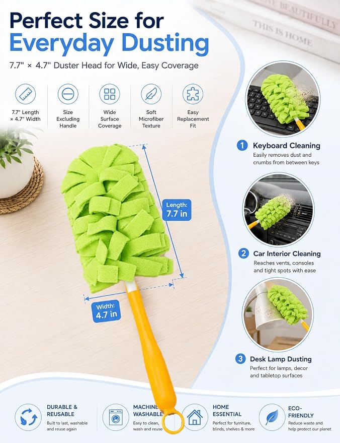 Duster Refills Damp Reusable Microfiber Pads Bendable Chenille Replacement Heads Dust with Removable Washable Cloth Covers with Extended Handle Fleece for Cleaning Dry Heavy Duty