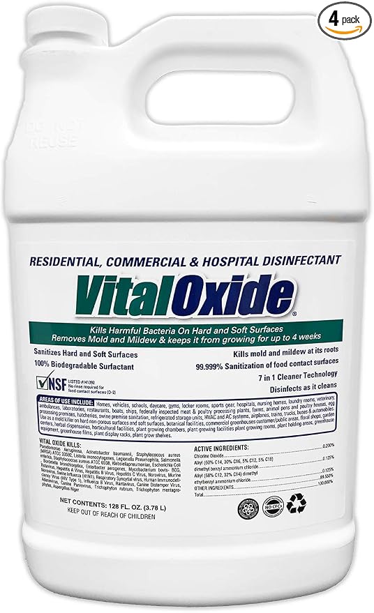 Vital Oxide Disinfectant, Deodorizer, Cleaner, Food-Contact Sanitizer, Virucide – (EPA registration #82972-1) – Kills Mold & Mildew, Eliminates Odors-1 Gallon (Pack of 4)