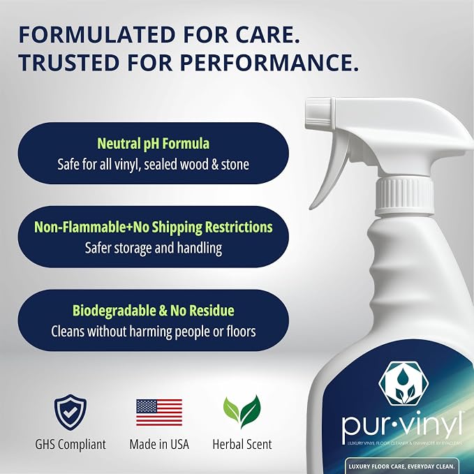 EvaClean PurVinyl Floor Cleaner - Ready to Use, 2-Pack Spray Bottles 32 FL Oz. Each, Enhances LVT & Tile Floors, Neutral pH, No Residue, For Mop or Auto Scrubber, For Hospitals, Hotels & Schools