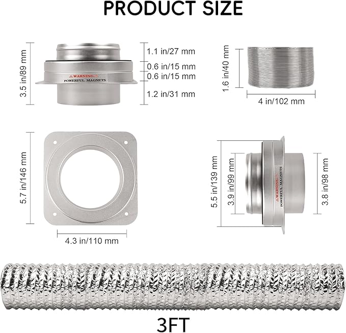 Magnetic Dryer Vent Coupling Connector Kit DV180 with Self-Aligning Magnets, Airtight Seal Easy to Clean Includes 3ft 4-Inch Hose & 2 Clamps