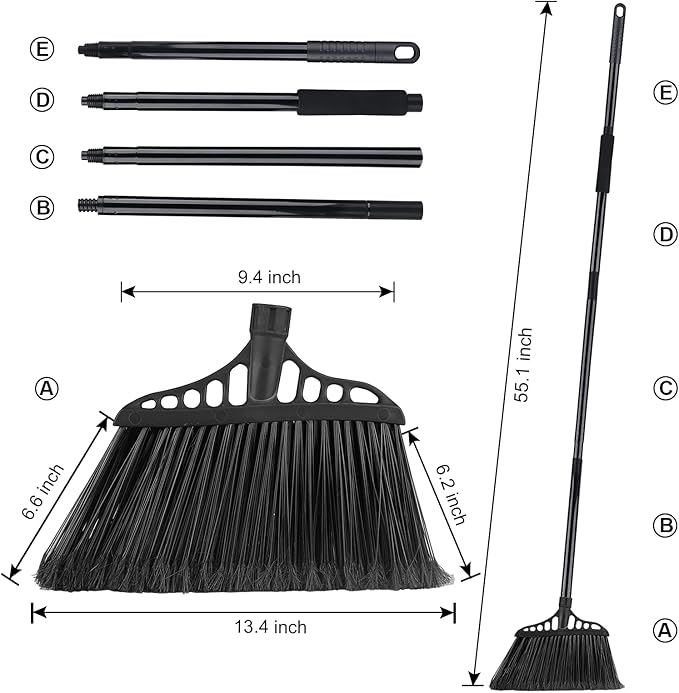 Tiumso 3-Pack Heavy Duty Broom, Commercial Broom with 55" Long Handle Outdoor Indoor, Industrial Brooms for Sweeping Garage Concrete Courtyard Patio Home Kitchen Office - All Black