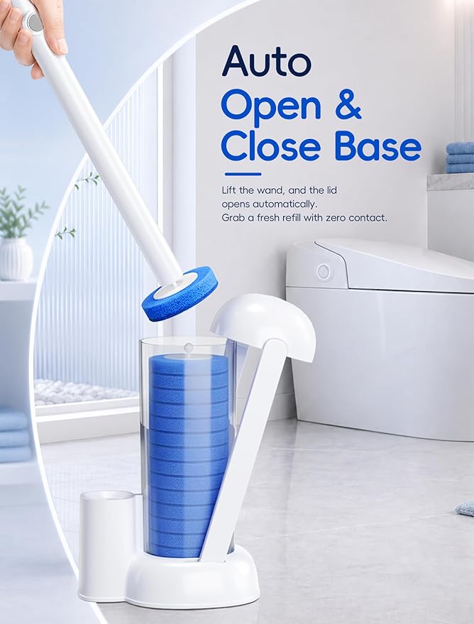 Disposable Toilet Brush System, Toilet Bowl Cleaning Wand with Lift-to-Open Refill Case, Blue Refill Heads and Freestanding Holder, 1 Wand and Holder Set with 35 Blue Refills