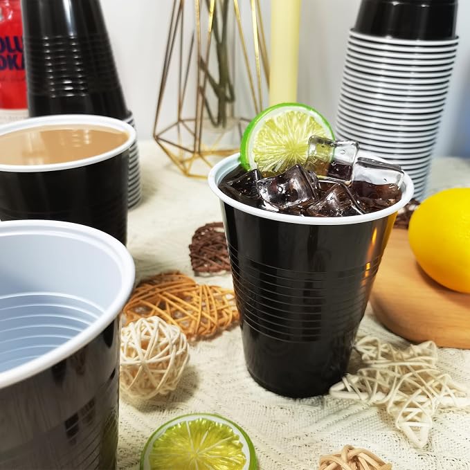 100PCS 16 oz Black Plastic Cups, Disposable Party Cups for Graduation Weddings, Birthdays & Festive Celebrations, Beverage Holiday Camping Barbecues, Reusable Party Supplies