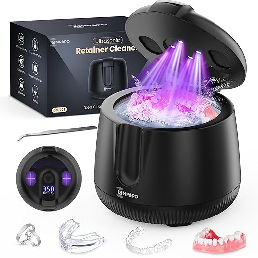 Ultrasonic Retainer Cleaner Machine 48kHz, Dental Cleaning Pod, Ultrasonic Retainer Cleaner for Dentures, Aligners, Mouth Guards, Toothbrush Heads and Jewelry with 200ML Capacity, LAB Supply