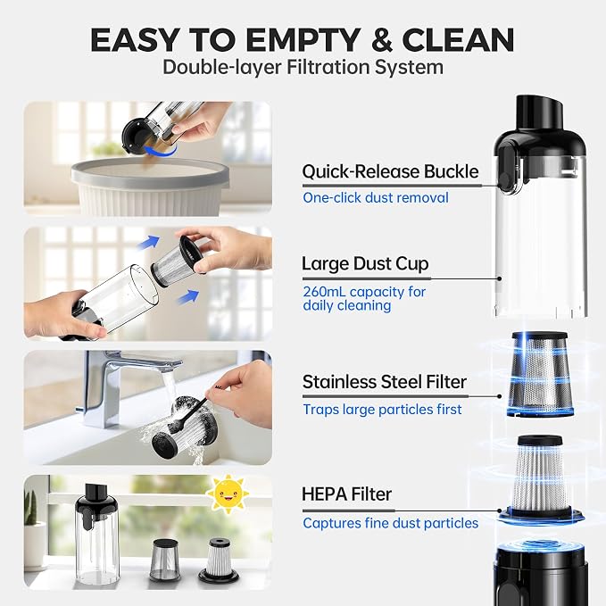 dormzie Handheld Vacuum Cordless, Car Vacuum with 19000Pa Powerful Suction,1.3 lbs Lightweight, Type-C Charge, Multiple Accessories for Car Home Office Pet