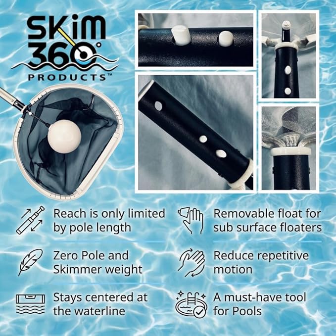 18" Pool Skimmer Net & Rake Combo with 360° Float Assist, 2-in-1 Surface Skimmer + Bottom Rake - Standard Black Nylon Mesh - Pool Pro Daily Use