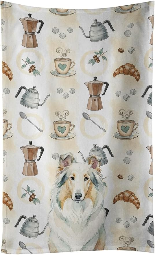 Caroline's Treasures White Collie Coffee Bar Kitchen Towel Velour Plush Front and Cotton Loop Back Machine Washable