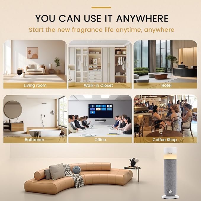 Hotel Collection Diffuser Machine,Fabric-Wrapped Design,Candlelight Atmosphere Lamp,Whisper-Quiet,1000 Sq Ft,Scent Waterless Essential Oil Diffuser,Scent Air Machine Home - Grey