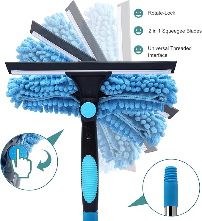 20+ Feet Reach Blue 2 in 1 Window Washing Squeegee & Duster with 3-14 ft Spliceable Extension Pole // Window Cleaning Tool & Window Washer Squeegee for Home Indoor Outdoor Window Washing