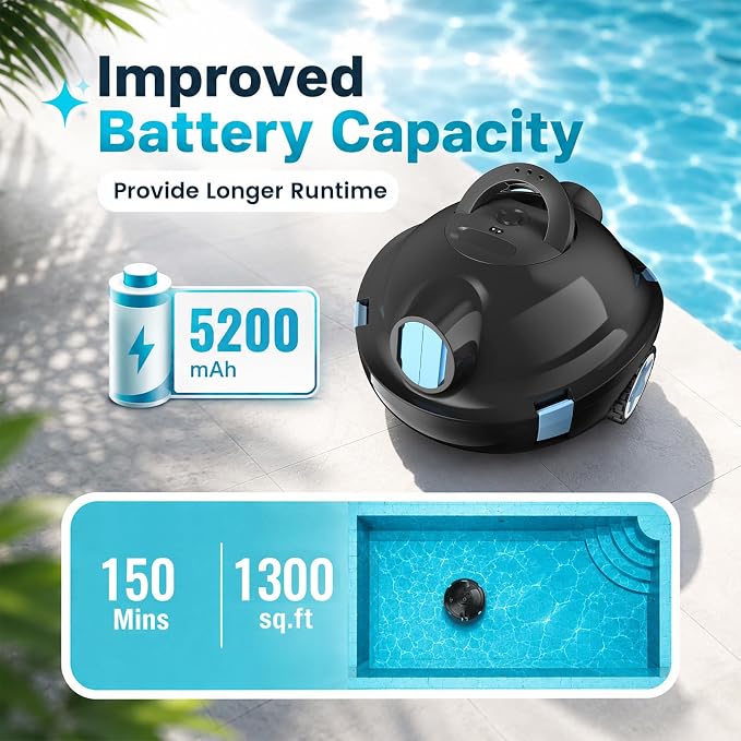 Y10 Robotic Pool Cleaner,Cordless Pool Vacuum with 150 Mins Runtime,High Efficiency Dual Suction Power,Self-Parking&Smart Navigation for Above-Ground & Flat Inground Pools up to 1300 sq.ft (Black)