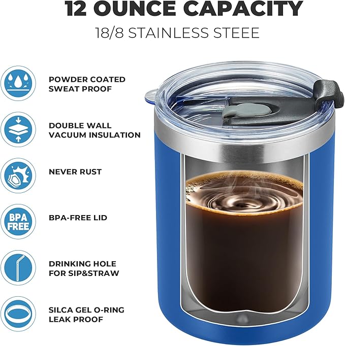 MEWAY 12oz/8Pack Insulated Stainless Steel Reusable Coffee Cup, Double Wall Durable Mug, Powder Coated, For Coffee, Beer, Home, Office (Navy, 8 Pack)