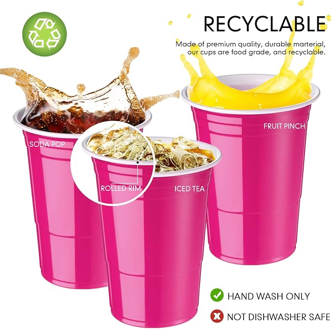Mimorou Pink 200 Pack Plastic Cups 16 oz Disposable Cups for Party Wedding Halloween Stackable Beverage Drinking Tumbler Heavy Duty for BBQ Birthday Baby Shower