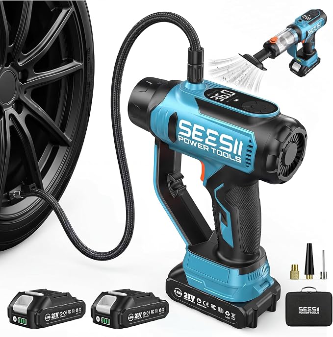 SEESII Cordless Tire Inflator Portable Air Compressor, 21V 150PSI Fast Inflation Handheld Air Pump with 20000Pa Vacuum, Dual Rechargeable Battery, Auto Shut Off, Digital Gauge, LED Light for Car, Bike