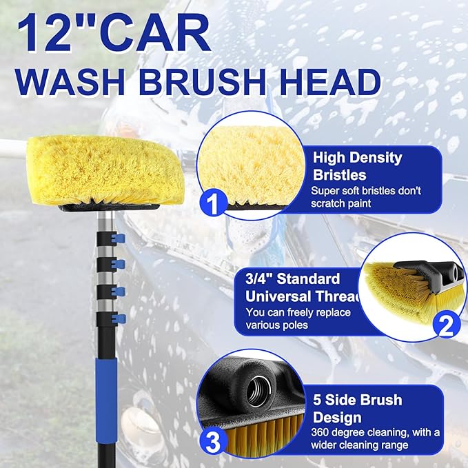 26Ft Reach Car Wash Brush with Long Handle, Car Cleaning Brush 12-Inch Soft Bristles, 5-20Foot Aluminium Telescoping Pole for Scratch-Free Cleaning RV, Car, Boats, Truck, Floors, Solar Panels