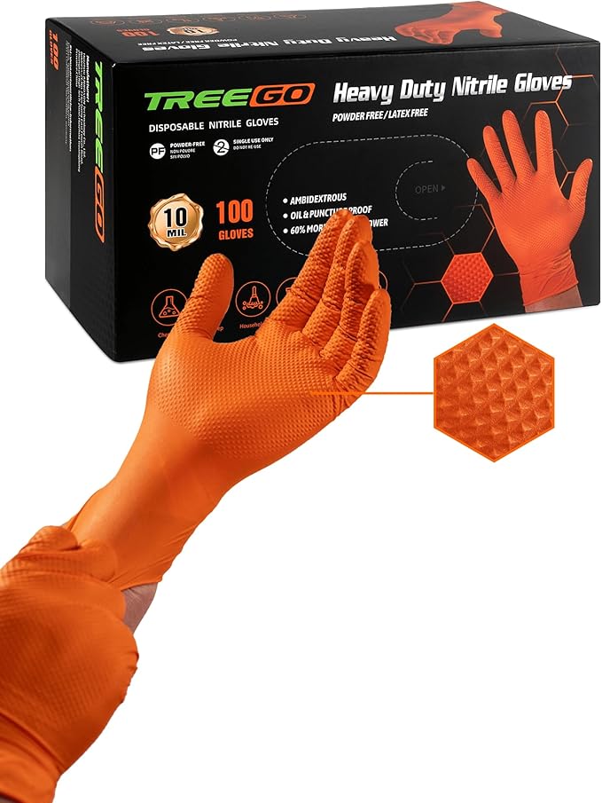 TREEGO Orange Nitrile Gloves 10 Mil Heavy Duty Disposable Latex Free Gloves – Diamond Grip Mechanic Gloves for Automotive Construction Work, Medium, 1000 Count Case