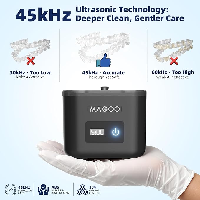 Ultrasonic Retainer Cleaner Machine, Denture Cleaner for Aligners Night Guards Braces Mouth Guards Toothbrush Heads，All-in-One Dental & Jewelry Cleaner, 45kHz 200ML, Dual Modes