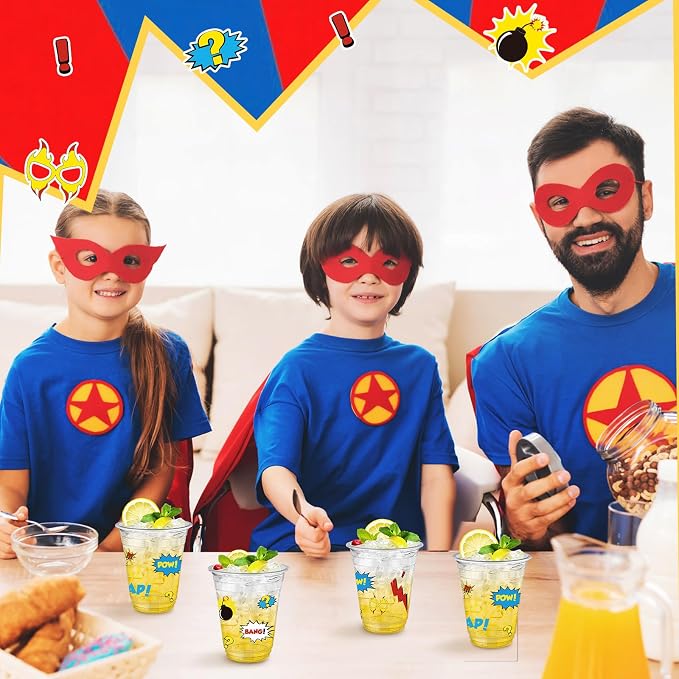 Uiifan 50 Pcs Hero Party Cups Supplies Bulk Comic Hero's Action Birthday Party Decoration 12 oz Cityscape Buildings Disposable Clear Plastic Cups for Hot Cold Drinking Birthday Favor
