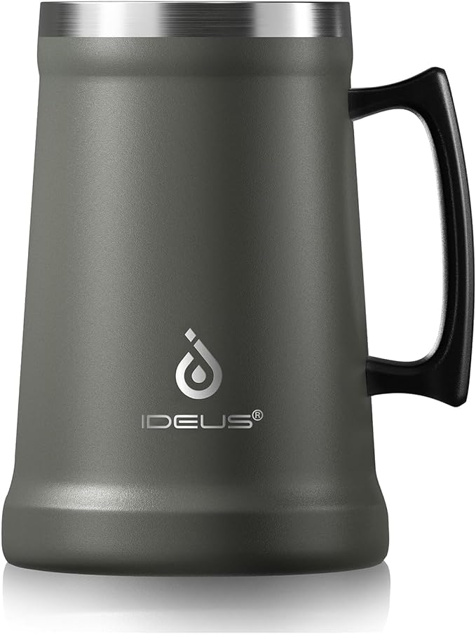 Ideus Insulated Beer Stein, 24/32oz Stainless Steel Double Walled Beer Mug Giant Bar Drinkware Metal Beer Cup with Big Grip Handle (Grey, 34 ounces (1,000ml))