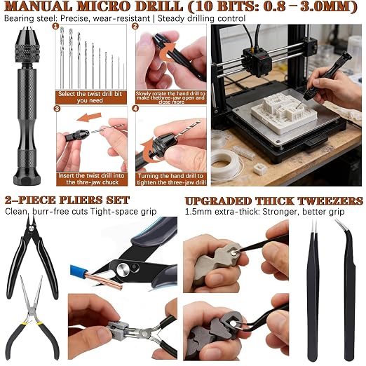 66Pcs 3D Printer Tools Kit with Storage Case, All-in-One Accessories for FDM/SLA Printers - Deburring Tool, Scrapers, Metal Files, Brushes, Hand Drill, Tweezers & More, for Bambu Lab, Ender 3, Kobra