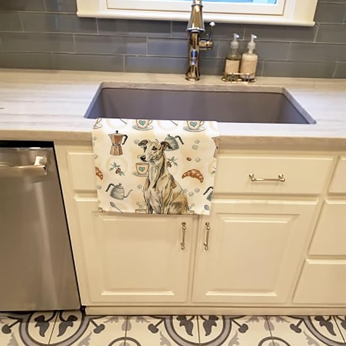 Caroline's Treasures Brindle Whippet Coffee Bar Kitchen Towel Velour Plush Front and Cotton Loop Back Machine Washable