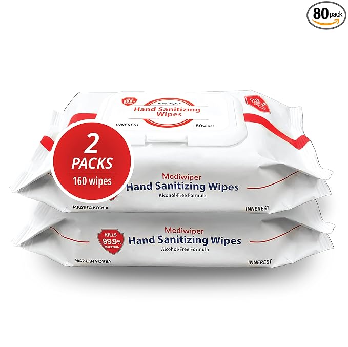 MEDIWIPER 80ct Alcohol-Free Hand Sanitizing Wipes Unscnted Antibacterial Wet Wipe, Hand Sanitizer (160 Wipes (80 * 2))
